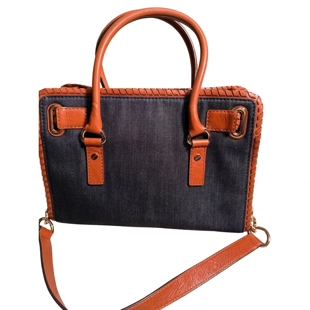 Michael Kors Hamilton Whipstitch Denim Leather Satchel Shoulder Bag Purse